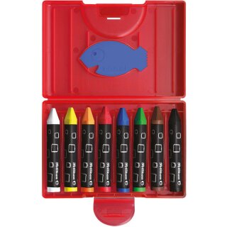Wachsmalstifte Pelikan 665 / 8D, 8 dicke, dreieckige Stifte, wasserfest, inkl. Schaber, im roten Kunststoff-Etui