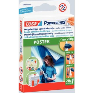 tesa Powerstrips® POSTER, für max. 200 g, Packung mit 20 Strips, rückstandslos ablösbar
