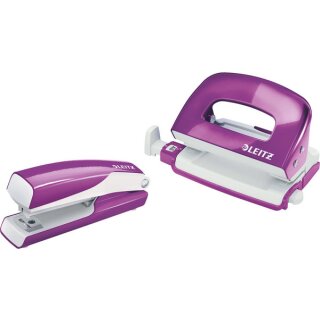 LEITZ Locher 5561 Set-Mini WOW Heftgerät und Locher violett, je 10 Blatt, Heftarten: geschlossen, genagelt; Locher: mit Anschlagschiene