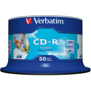 Rohling CD-R, 80 Min., 700MB, 52-fach, wide printable in 50-er Spindel, 1 VE = 1 Spindel á 50 Stück
