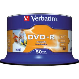 Rohling DVD-R, 4,7 GB/120 Min., 16-fach, inkjet bedruckbar, 1 VE = 50er Spindel white printable