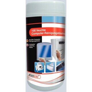Feuchte Allzweck-Reinigungstücher, mit Alkohol, nicht brennbar da Alkohol < 1 %. Zur Reinigung von PC Gehäusen, Bürogeräten und Tastaturen, Vlies Format 13 x 16 cm, 1 Dose = 100 Tücher