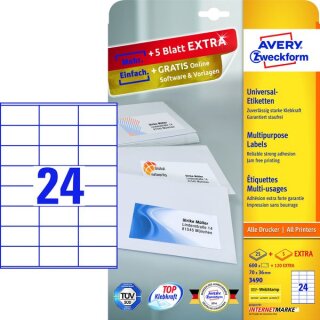 Universal-Etiketten, Inkjet, Laser s/w, Farblaser, permanent, 70 x 36 mm, weiß, 1 Pack = 25 + 5 Blatt =600 + 120 Stück