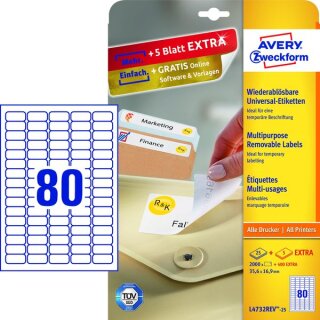Universal-Etiketten, bedruckbar, ablösbar, 35,6 x 16,9 mm, weiß, 1 Packung = 25 + 5 Blatt = 2.000 Stück + 400 Stück