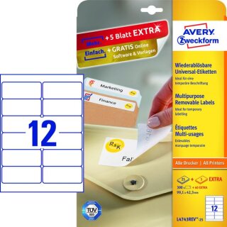 Universal-Etiketten, ablösbar, bedruckbar,  99,1 x 42,3mm, weiß, 1 Packung = 25 Blatt + 5 Blatt =  300 Stück + 60 Stück