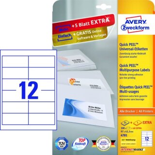 Universal-Etiketten,Inkjet, Laser s/w, Farblaser, permanent, weiß, 97 x 42,3 mm, 1 VE =  25 + 5 Bl. = 300 + 60 Stk.