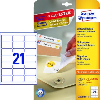 Universal-Etiketten, 63,5 x 38,1 mm, bedruckbar, ablösbar, 1 Packung = 25 Blatt + 5 Blatt = 525 Stück + 105 Stück