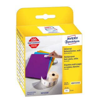 Rollenetiketten, 19 x 51 mm, ablösbar, weiß, ersetzt Dymo: S0722550, 1 Packung = 1 Rolle =  500 Etiketten