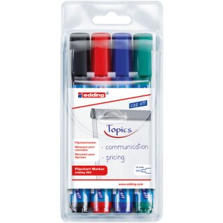 Flipchartmarker 380, Rundspitze 1,5 - 3 mm, nachfüllbar mit edding BTK25, 4-er Etui, sortiert (schwarz,rot, blau, grün