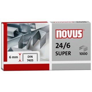 NOVUS Heftklammern 24/6 SUPER, Stahldraht, Kapazität: 30 Blatt, Schenkellänge 6 mm, 1.000er