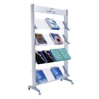 Prospektständer Mobile, mit Plexiglasablagen für 12 Prospekte, 167,8 x 72 x 38,5 cm, Anschlagkante 4 cm, alu