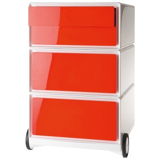 Rollcontainer easyBox, 2 Schübe, 1 Doppelschublade, 4 Rollen, 2 davon multidirektional, Maße: 64,2 x 39 x 43,6 cm, weiß/rot