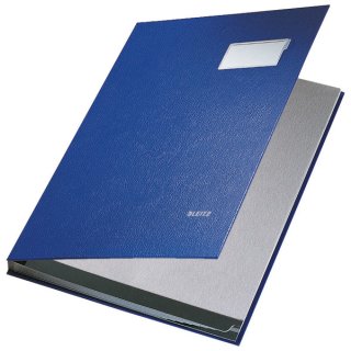 Unterschriftsmappe blau, A4, 10-tlg., grauer Fächerblock, 3 Sichtlöcher, aufklappbares Beschrifungsfenster