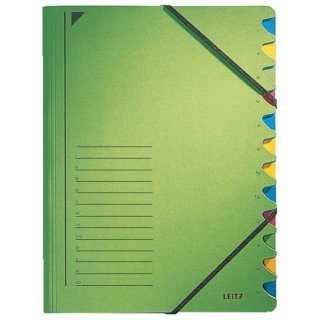 Ordnungsmappe, 12 Fächer, grün, farbige Taben, 13 Beschriftungslinien auf Vorderdeckel, Eckspannverschluss, Karton