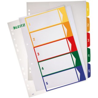 Kunststoffregister DIN A4, 5tlg., 1 - 5, Überbreite, 300 my, PP, farbig, Universallochung