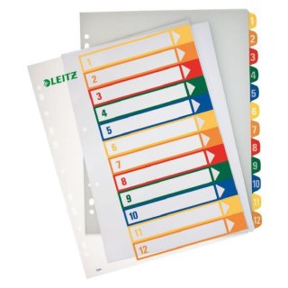 Kunststoffregister DIN A4, 12tlg., 1 - 12, Überbreite, 300 my, PP, farbig, Universallochung