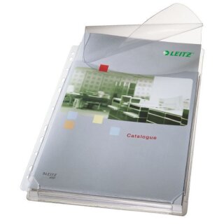 Prospekthülle A4, farblos, PVC-Folie, 170 my, Oberfläche: genarbt, oben offen, niedrigere Vorderseite, mit Klappe, 20mm Falz an 3 Seiten, Universallochung, dokumentenecht, 5 Hüllen