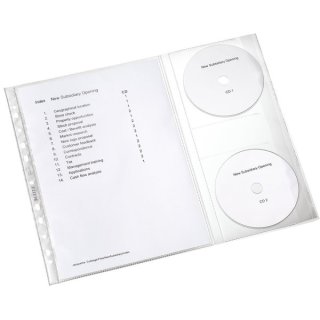 Prospekthülle A4, farblos, PP-Folie, 150 my, oben offen, Seitenklappe für 2 CDs, Universallochung, dokumentenecht, 5 Hüllen