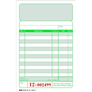 Kassenzettel-Block, 10 x 15 cm, 2 farbig, 2. Blatt grün/grau, oben geheftet, Kassenzettelblock mit Abrechnungslisten (Druck grün/grau), oben geheftet (2 x 50)
