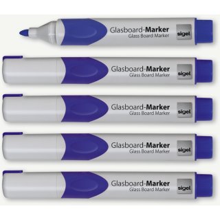 GLasboardmarker 2-3 mm Rundspitze, blau, abwischbar,Etui mit 5 Stifte