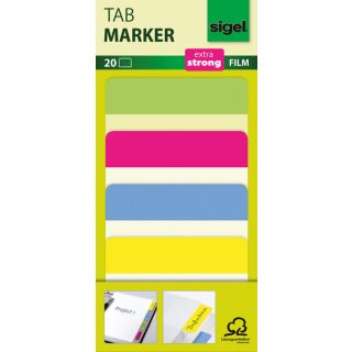 Tab Marker, Folie, extra stabil, 50 x 38 mm, 4 Farben lemon, pink, blau, gelb, VE = 1 Stück = 20 Marker