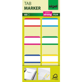 Tab Marker, Folie, extra stabil, 38 x 25 mm, 6 Farben mit weißem Sichtfeld, rot, magenta, blau, cyan, grün, gelb, VE = 1 Stück = 60 Marker
