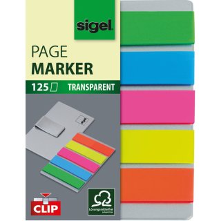 Haftmarker Folie, mit Clip, mini, 50 x 12 mm, 5 Farben auf Karte mit Klemmfunktion, grün, blau, violett, gelb, orange, VE = 125 Streifen