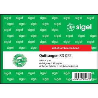 Sigel Quittungen SD022 DIN A6 quer, selbstdurchschreibend, 2 x 40 Blatt, 1.+2. Blatt bedruckt, mit Sicherheitsdruck