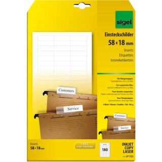 PC-Einsteckschilder für Hängemappen, beidseitig bedruckbar, Spezialkarton (Ink/Laser/Copy), für Elba, MP, 185 g, 58 x 18 mm (A4), weiß, VE = 1 Packung = 4 Bl. = 180 Stück