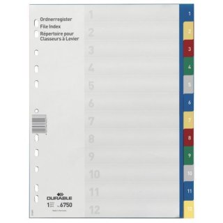Kunststoffregister DIN A4, 12tlg., 1 - 12, Tabe farbig, PP, farbig, Universallochung