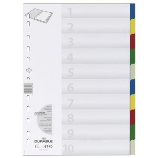 Kunststoffregister DIN A4, 10tlg., blanko, Tabe farbig, PP, farbig, Universallochung