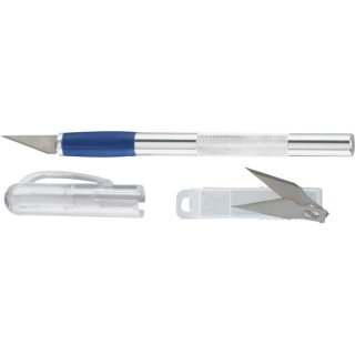 Schablonenmesser Aluminium, L x Ø: 129 x 10 mm, inkl. Schutzkappe und 2 zusätzliche Ersatzklingen, silber