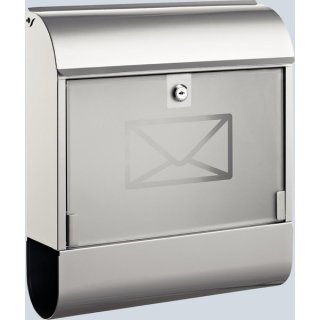 Briefkasten Stahl, silber, mit Zeitungsbox, Glastür, Schloss, 2 Schlüssel, Maße: 36 x 41 x 11,5 cm