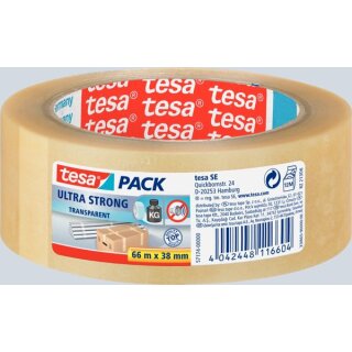 tesapack® Ultra Strong, PVC-Quallität, extrem reißfest,  66 m x 38 mm, transparent