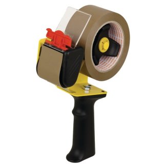 NOPI® Packband Handabroller für Paketband-Rollen, Maße: bis 66 m x 50 mm, mit Klingenschutz, gelb-schwarz