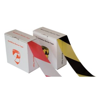 Absperr- und Flatterband, aus Polyethylen, 32my,  Rolle mit 500 m x 72 mm, im Abrollkarton, rot/weiß