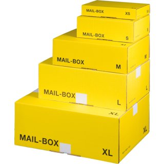 Mail-Box, XS, wiederverschließbar, habtklebend, Innenmaß: 244 x 145 x 43 mm, Außenmaß: 249 x 157 x 48 mm, postalisch zugelassen als Maxibrief, gelb