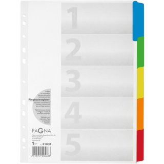 Kartonregister DIN A4, 5tlg., blanko,  Karton, farbig, Universallochung