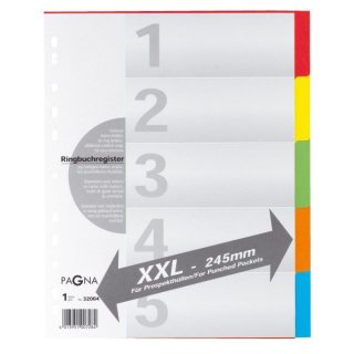 Kartonregister DIN A4, 5tlg., blanko, Überbreite, Karton, farbig, Universallochung