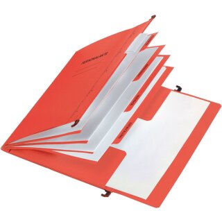Personalakte, 5-tlg., aus durchgefärbtem Karton, mit Hängeschienen, Sichtreiter und auswechselbare Beschriftungsschilder, 4 Fächer mit Heftmechanik, 3-Klappen-Tasche zur Ablage von ungelochtem Schriftgut