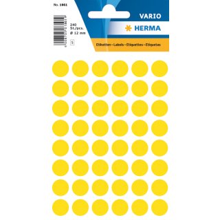 Markierungspunkte Ø 13 mm, 240 Etiketten, permanent haftend, für Handbeschriftung, Packung mit 5 Blatt, gelb