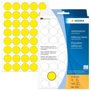 Markierungspunkte Ø 19 mm, 1.280 Etiketten, permanent haftend, für Handbeschriftung, Packung mit 32 Blatt, gelb