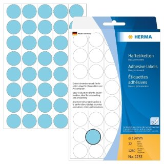 Markierungspunkte Ø 19 mm, 1.280 Etiketten, permanent haftend, für Handbeschriftung, Packung mit 32 Blatt, blau