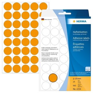 Markierungspunkte Ø 19 mm, 960 Etiketten, permanent haftend, für Handbeschriftung, Packung mit 24 Blatt, leuchtorange