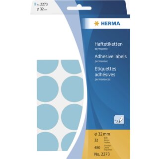 Markierungspunkte Ø 32 mm, 480 Etiketten, permanent haftend, für Handbeschriftung, Packung mit 32 Blatt, blau