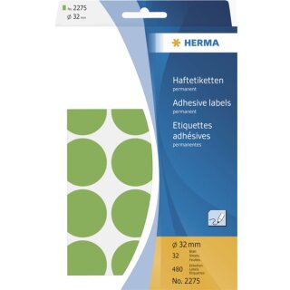 Markierungspunkte Ø 32 mm, 480 Etiketten, permanent haftend, für Handbeschriftung, Packung mit 32 Blatt, grün