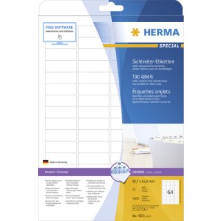 Sichtreiteretiketten  45,7 x 16,9 mm, 1.600 Etikketten, weiß, ablösbar, mehrfach wieder haftend, Packung mit 25 Blatt