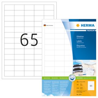 PREMIUM Etiketten 38,1 x 21,2 mm, 6.500 Etiketten, matt, permanent haftend, Blattformat: DIN A4, weiß, Packung mit 100 Blatt