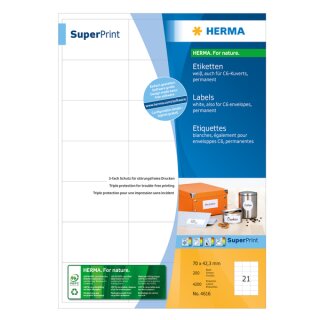 PREMIUM Etiketten 70 x 42,3 mm, 4.200 Etiketten, matt, permanent haftend, Format: DIN A4, Packung mit 200 Blatt, weiß