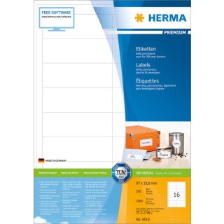 PREMIUM Etiketten 97 x 33,8 mm, 3.200 Etiketten, matt, permanent haftend, Format: DIN A4, Packung mit 200 Blatt, weiß